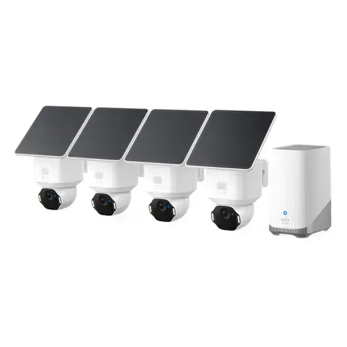 Kit supraveghere video eufy Security SoloCam E42, Rezolutie 4K, cu Panou Solar, AI, Pan&Tilt, Recunoastere faciala, HomeBase S380 + 4 camere video (Alb)