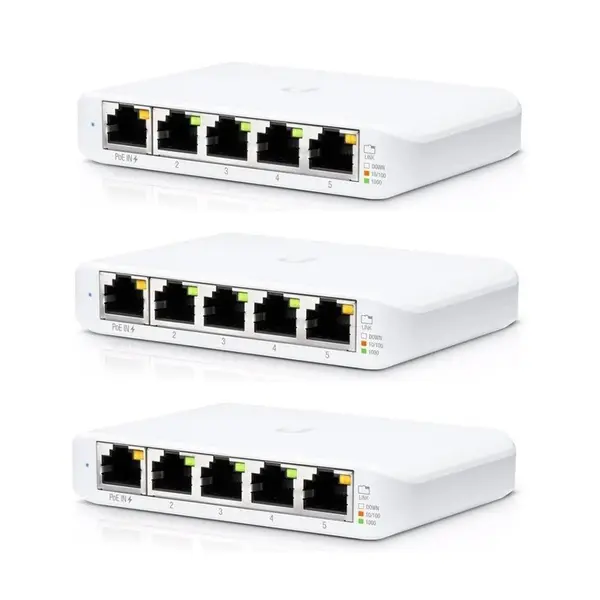Kit switch Gigabit Ubiquiti UniFi Switch Flex Mini, 5 porturi, 10 Gbps, Layer 2, PoE, cu management, 3 bucati