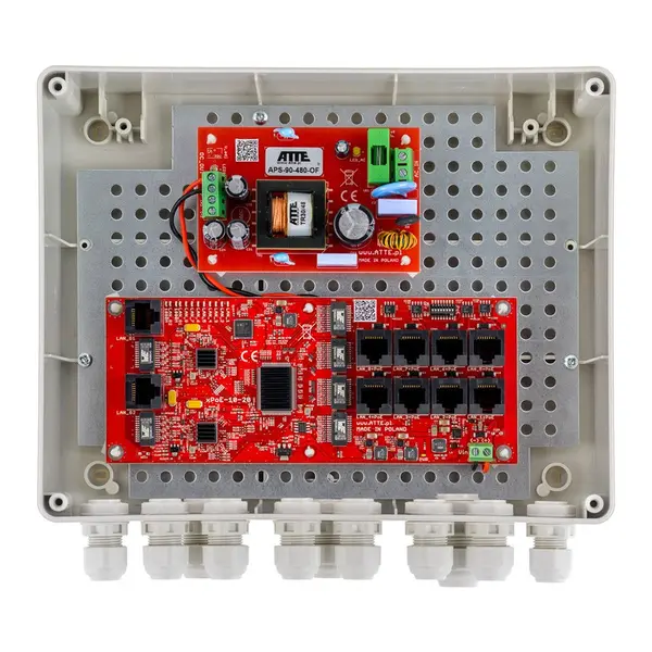 Kit switch PoE pentru 8 camere IP ATTE Power IP-8-20-L2, 10 porturi, 96 W, cutie exterior ABOX-L2, sigurante electronice, sursa alimentare