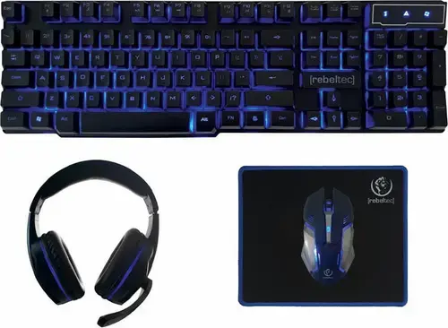 Kit tastatura + mouse + casti + mousepad gaming Rebeltec Sherman 4in1, USB, Layous US, Iluminare albastra, 104 taste (Negru)