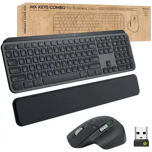 Kit Tastatura si mouse Logitech MX Keys Combo, Layout German, Wireless, Bluetooth (Negru)