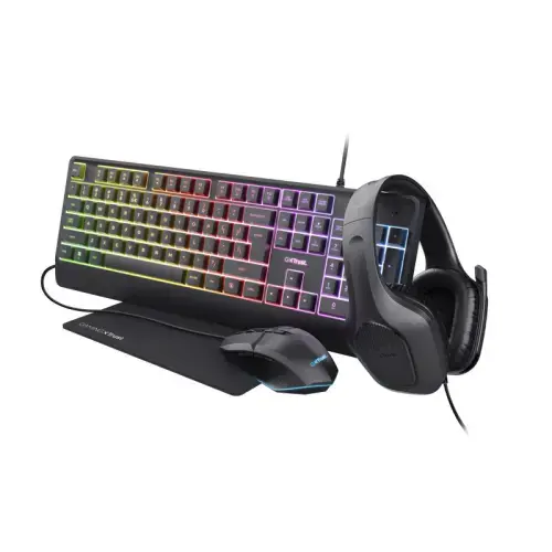 Kit Trust GXT 792 Quadrox Tastatura, iluminare RGB, USB + Mouse Optic, Wired, USB + Casti, Wired, USB + Mouse Pad (Negru)