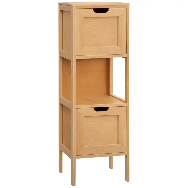 kleankin Comodă de depozitare coloană pentru baie din bambus 2 sertare și 1 raft - dim. 30L x 30l x 90H cm | Aosom Romania