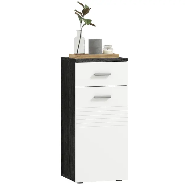 kleankin Dulap Baie din Lemn cu Sertar și Rafturi, Design Alb și Negru | Aosom Romania