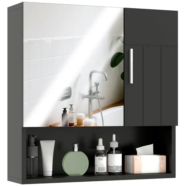 kleankin Dulap cu Oglindă pentru Baie 2 Uși și Raft Deschis 54x15.2x55.3 cm Negru | Aosom Romania