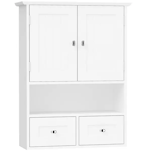 Kleankin Dulap de Perete pentru Baie cu 2 Uși, un Raft Deschis și 2 Sertare, Mobilier Multifuncțional, 50,8x17,8x66 cm, Alb | Aosom Romania