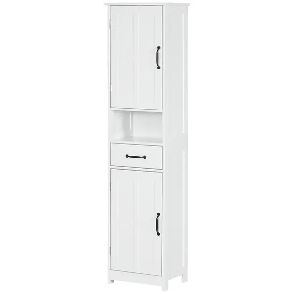 kleankin Dulap Modern pentru Baie, Mobilier Îngust cu Raft Deschis, Sertar, Uși Încastrate și Rafturi Ajustabile Alb | Aosom Romania