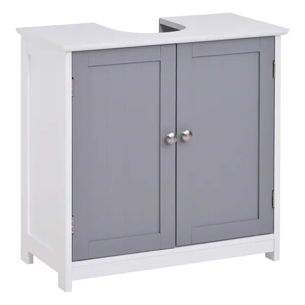 Kleankin Dulap Sub Chiuvetă Baie U-Shape 2 Uși Etajeră Reglabilă MDF Alb Gri 60x30x60cm | Aosom Romania