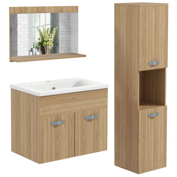 kleankin Set de mobilier de baie oglindă coloană + dulap sub chiuvetă suspendat cu bol, dulap coloană natural | Aosom Romania