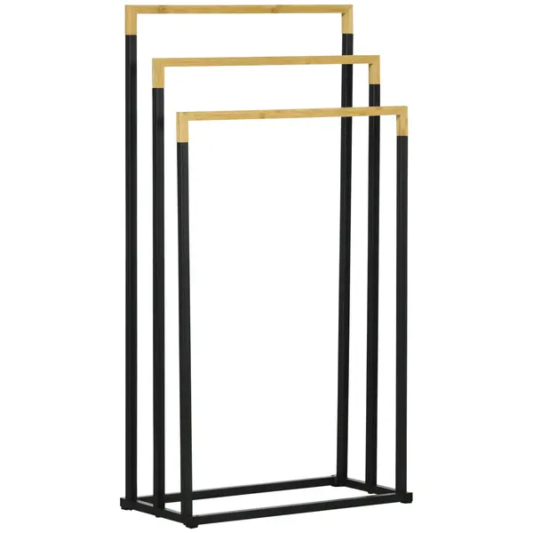 kleankin Suport pentru Prosoape cu 3 Bare din Bambus și Oțel, Design Autoportant, 45x22.5x86 cm, Negru și Lemn Natur | Aosom Romania