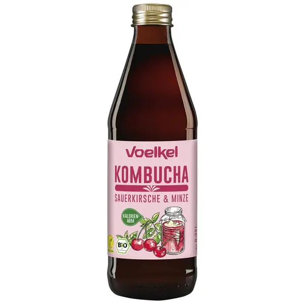 Kombucha organică, vișine și mentă, 330 ml, Voelkel