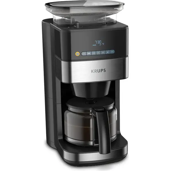 KRUPS Cafetiera Krups Grind&Brew KM832810, vas din sticla, 1.25L, rasnita de cafea metalica, 3 setari, display digital, cronometru, Negru/Metalic
