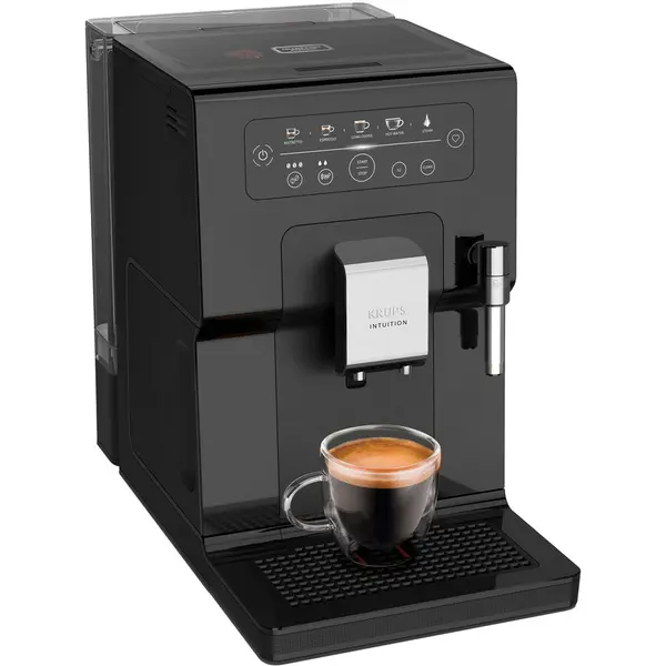 KRUPS Espressor automat Krups Intuition EA870810, 1450W, 15 bari, indicatori luminosi, tehnologie Quattro Force, 3 pre-setari intensitate, functie spumare lapte, functie memorare favorite, negru