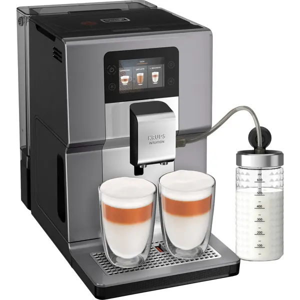 KRUPS Espressor automat Krups Intuition Preference+ EA875E10, 1450W, Accesoriu pentru spumarea laptelui, 15 bauturi, Ecran tactil, Tehnologie Quattro Force, Retete favorite, Argintiu