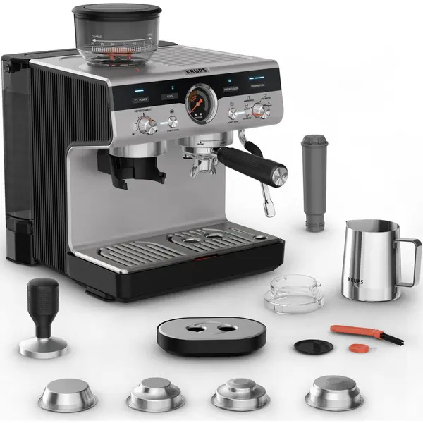 KRUPS Espressor manual cu rasnita Krups Precision XP801T10, 15 bari, rezervor apa detasabil 3.5 L, 30 trepte de rasnire, 3 trepte temperatura, 3 trepte pre-infuzare, duza cappuccino & apa fierbinte, sistem Thermoblock, Negru & Argintiu