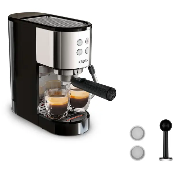 KRUPS Espressor manual Krups Virtuoso Essential XP441810, presiune 15 bari, rezervor apa 1L, sistem de spumare a laptelui, functie apa fierbinte, reglare temperatura, oprire automata, sistem ThermoBlock, design compact, Negru-Argintiu