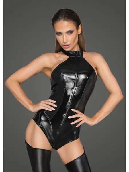 L - Body trendy din material lucios F198 Negru