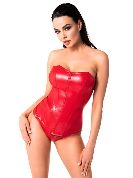 L - Corset fara bretele din material lucios F355 Rosu