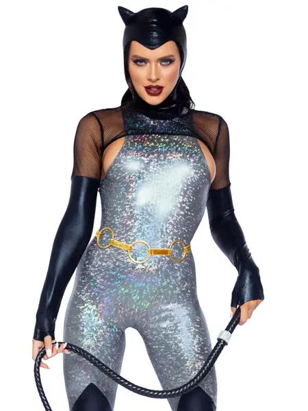 L - Costum de deghizare compus din catsuit holografic, top, accesoriu cap si curea 86996 Gri