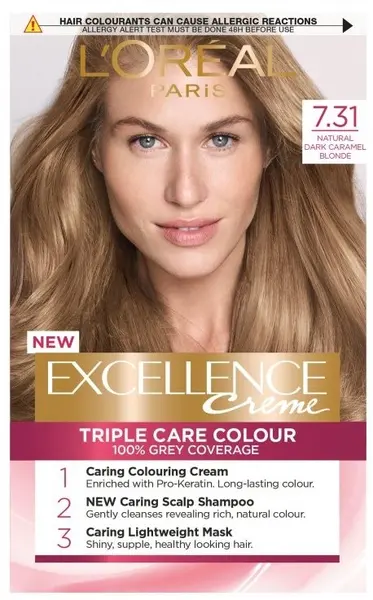 L'Oréal Excellence Vopsea de păr, 7.31 Natural Dark Caramel Blonde