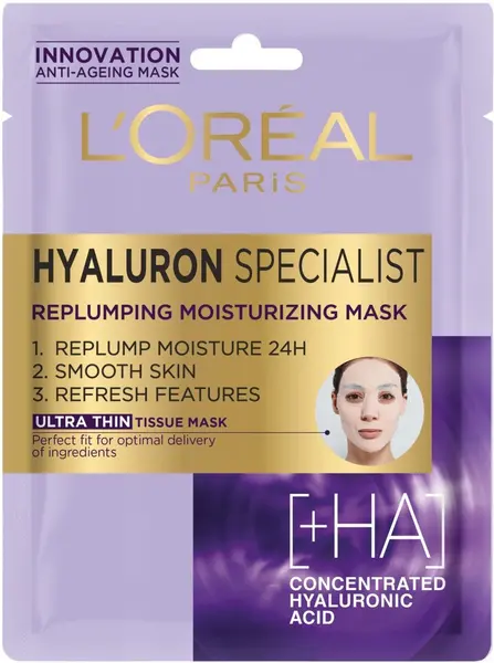 L'Oréal Hyaluron Specialist Mască de față din folie de bumbac, 30 ml