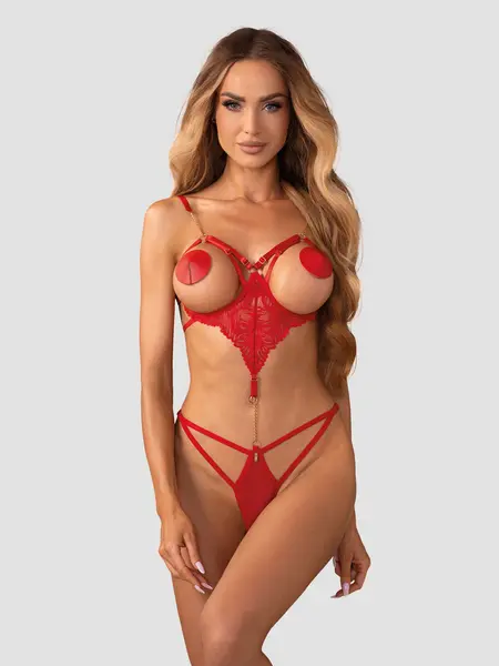 L/XL - Body crotchless din dantela fara cupe Matildea Rosu