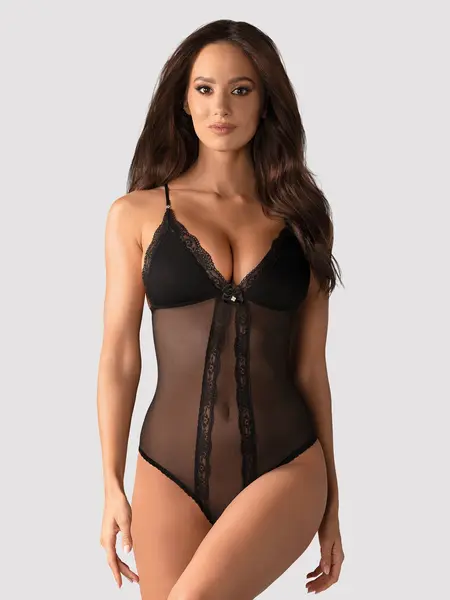 L/XL - Body crotchless din tul si dantela 841 Negru