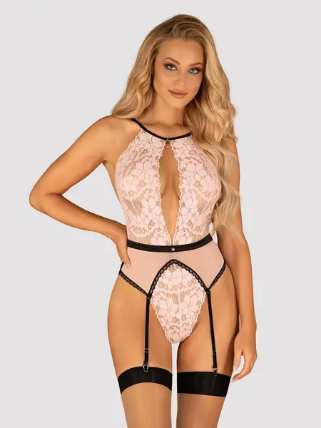 L/XL - Body trendy cu decolteu adanc si portjartier atasat Lilines Roz