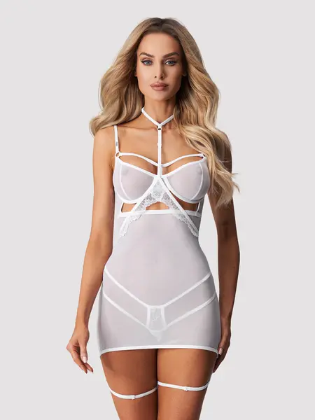 L/XL - Camasuta seducatoare din tul cu accesoriu de gat si portjartier incluse Arrowel w Alb