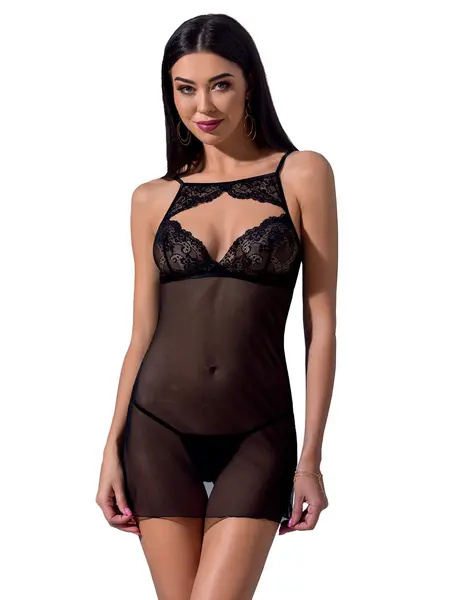 L/XL - Chemise din tul, in combinatie cu dantela si chilot string inclus Veronique Negru