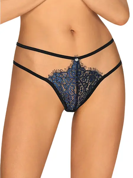 L/XL - Chilot tanga din dantela cu benzi elastice Yassmyne Albastru