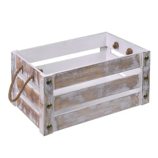 Lada decorativa Vintage cu manere din sfoara,lemn,alb-auriu,36x25x18 cm