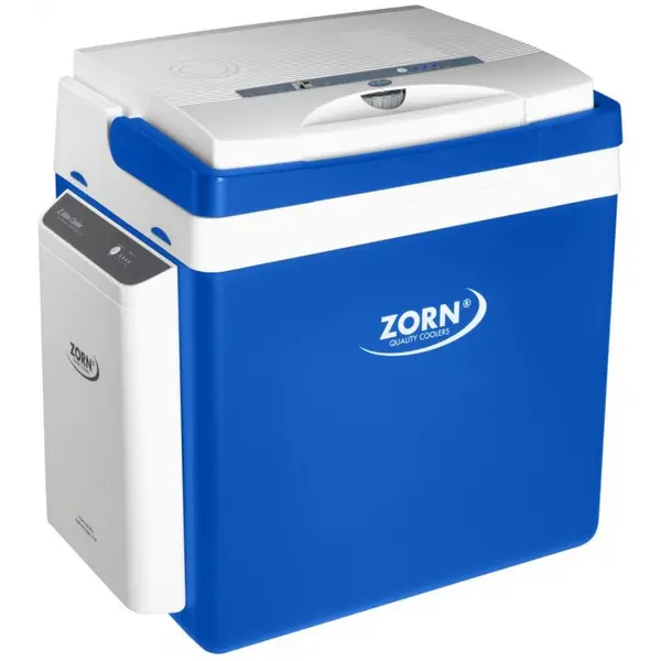 Lada frigorifica auto si camping ZORN Z 26 LNE, 25 litri, alimentare 12V/230V + acumulator extern Li-ion 7.8 Ah, racire-incalzire, alb-albastru