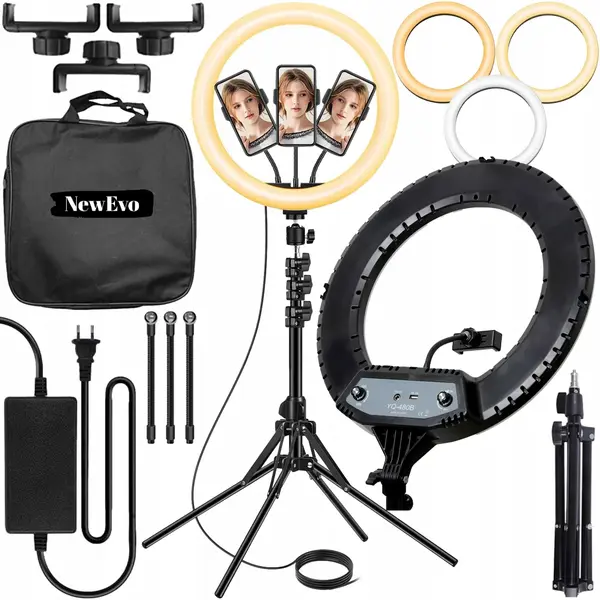 Lampa Circulara Make up Profesionala, NewEvo, Ring Light 43 CM, Putere 24W si 540 Lumeni, cu Lumina Calda Neutra si Rece Tip Inel, cu Trepied 210cm,