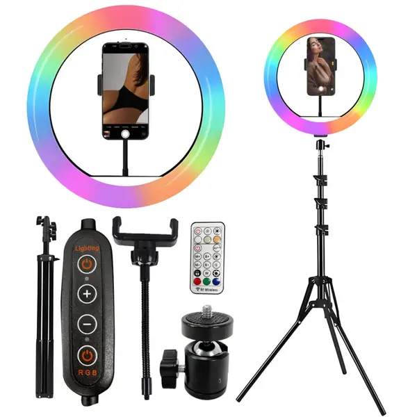 Lampa circulara RGB Ring Light NewEvo, Foto, MakeUp, YouTube, 60W, diametru 26 cm, Iluminare RGB, 18 culori diferite de fundal, cu trepied 210cm