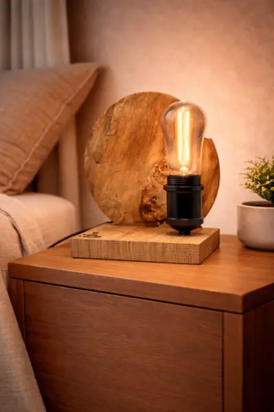 Lampa de birou din plop masiv cu baza stejar