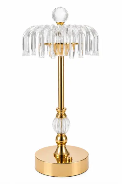 Lampa de masa 09 eleganta model cristal cu baza aurie design premium cu franjuri decorative