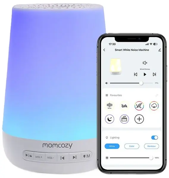 Lampa de noapte cu cutie muzicală Momcozy – Cu zgomot alb și 7 culori, albă
