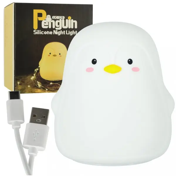 Lampa de veghe din silicon cu LED multicolor RGB, baterie reincarcabila de 1200 mAh prin cablu USB, dimensiune 9 x 16.6 x 11 cm, White Pinguin