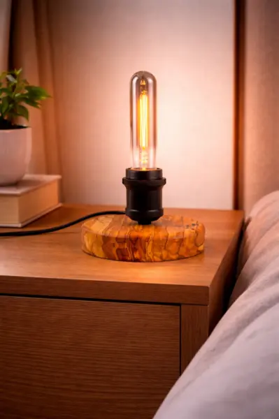 Lampa din maslin masiv , disc rotund compact bec tub negru, handmade