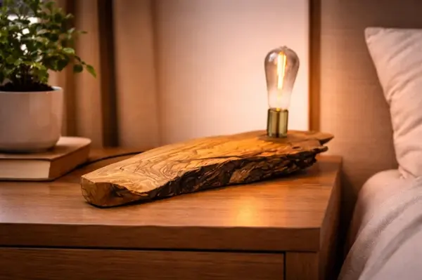 Lampa din maslin masiv , placa orizontala cu margine vie bec Edison auriu, handmade