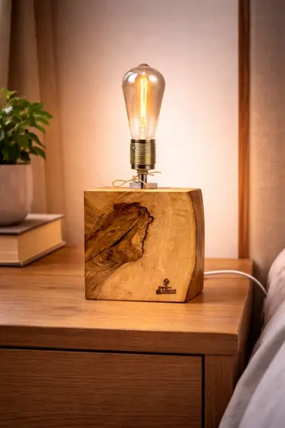 Lampa din nuc masiv , bloc cubic cu fibra naturala