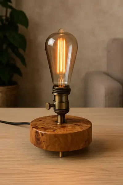 Lampa din plop masiv , disc rotund cu soclu vintage bronz bec Edison, handmade