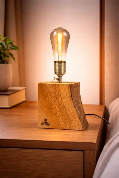 Lampa din stejar masiv , bloc cu taietura oblica naturala