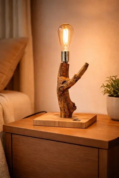 Lampa din stejar masiv , ramura naturala cu baza bec Edison