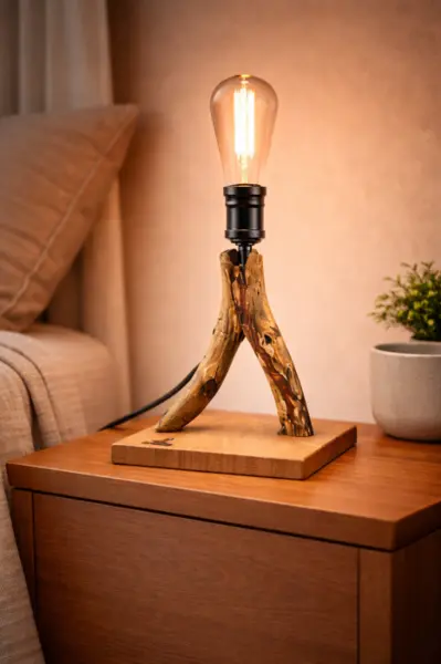 Lampa din stejar masiv , ramura trifurcata cu baza bec Edison, handmade