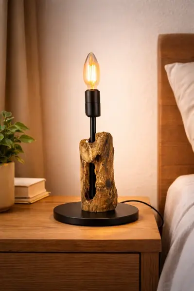 Lampa din stejar masiv recuperat bec lumanare, baza metalica, handmade