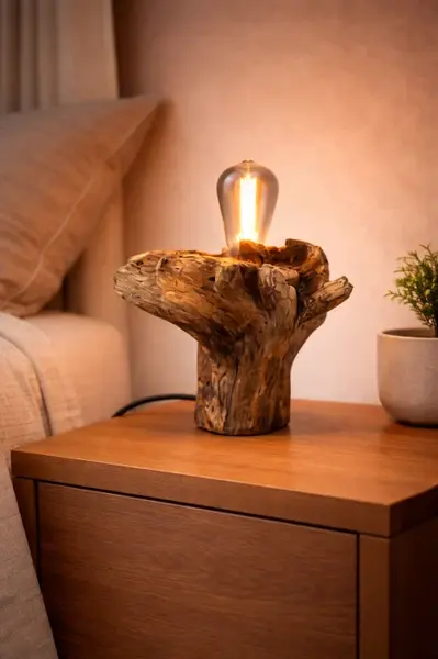 Lampa din trunchi de stejar masiv , forma sculptata natural bec Edison, handmade