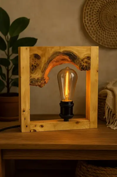 Lampa handmade din lemn masiv cu rama naturala