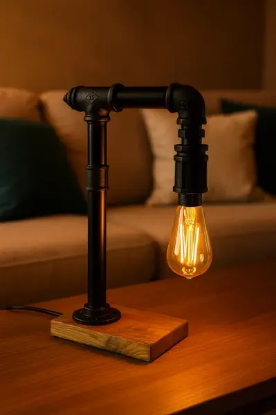 Lampa industriala din tevi metalice si stejar masiv